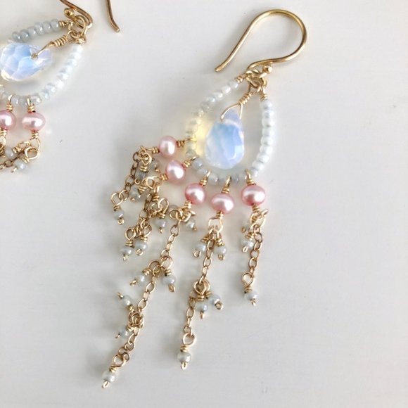 Dainty Blue & Pink Pearl Dangling Earrings - Picture 2 of 4